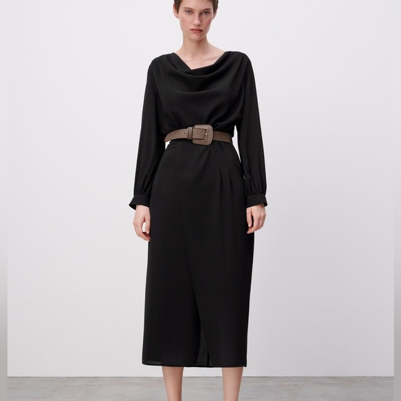Black Belted Long Sleeve Grunge Midi Dress - Picture 2 of 7